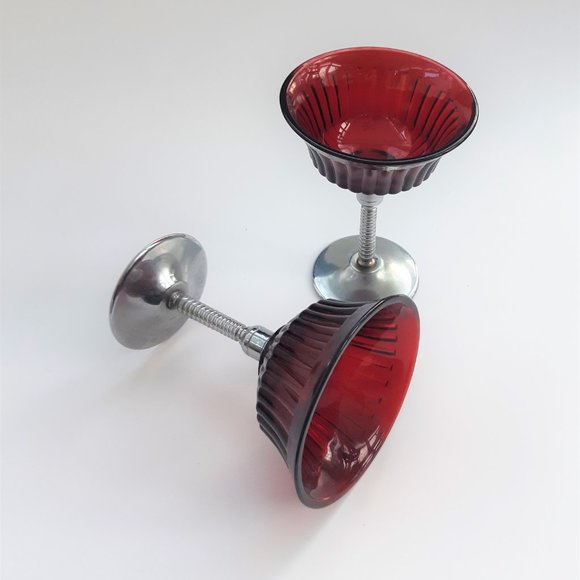 VTG Glass Ruby Red Martini 2 Goblets Chrome Stem Art Deco New Martinsville 1930s - Picture 6 of 10